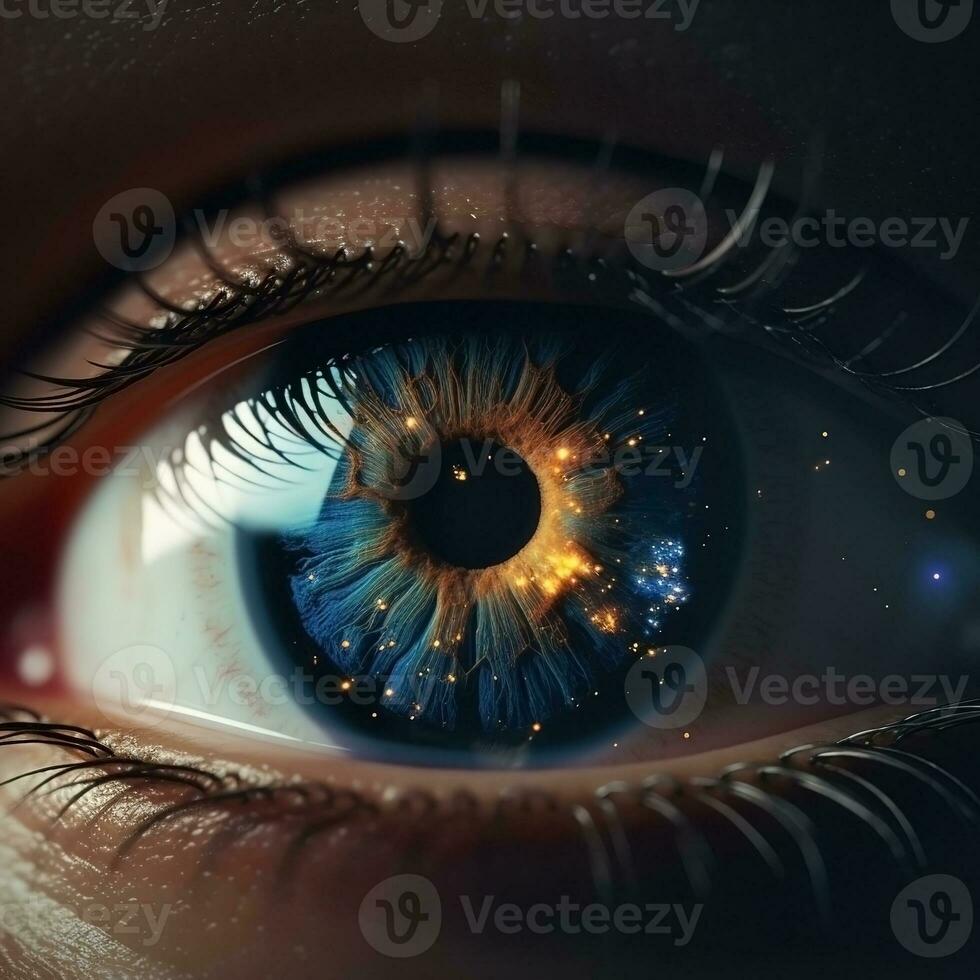 AI generated Realistic human eye with reflection of galaxy illustration. Ai generated photo