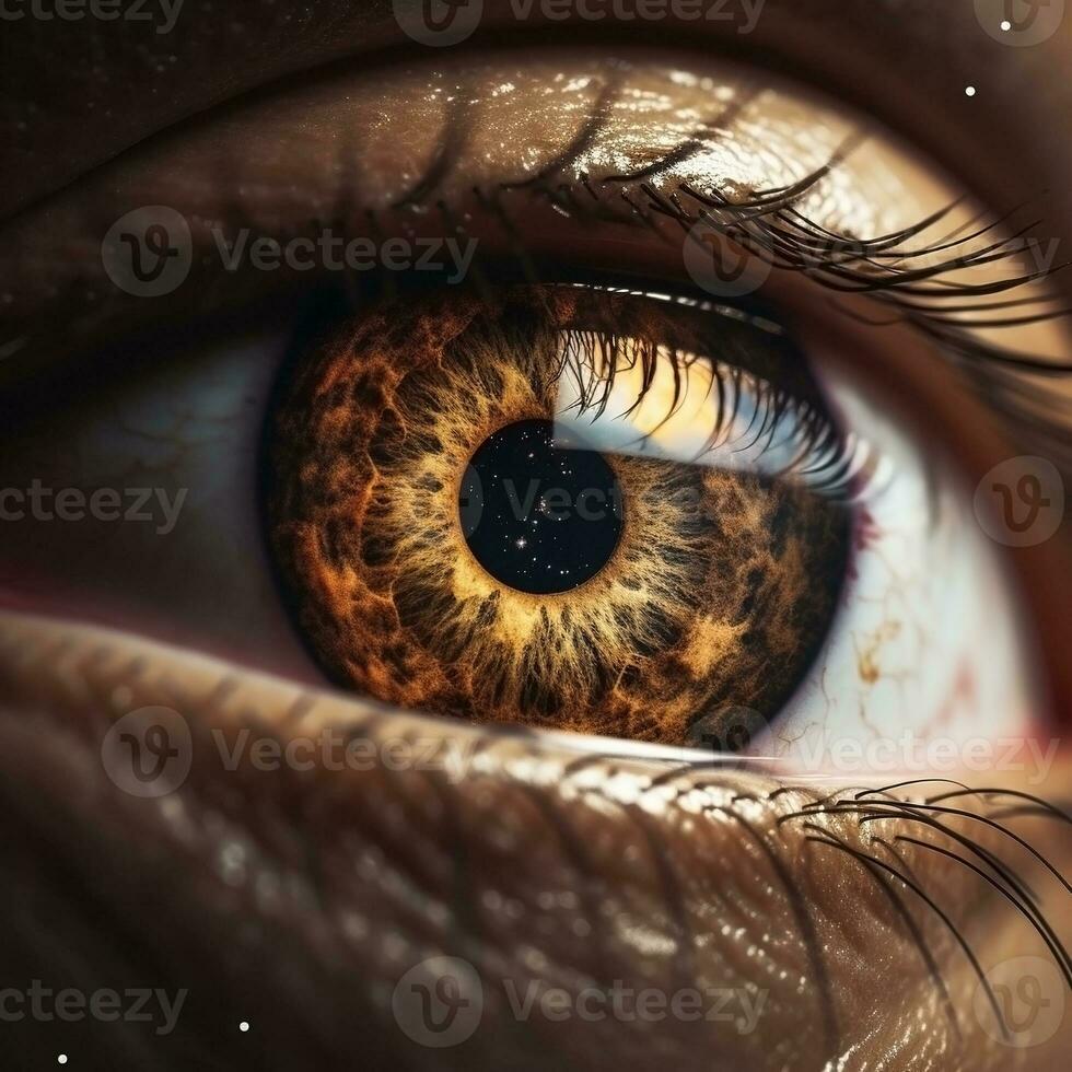 AI generated Human eye with galaxy inside close-up, golden iris on dark background. Ai generated photo