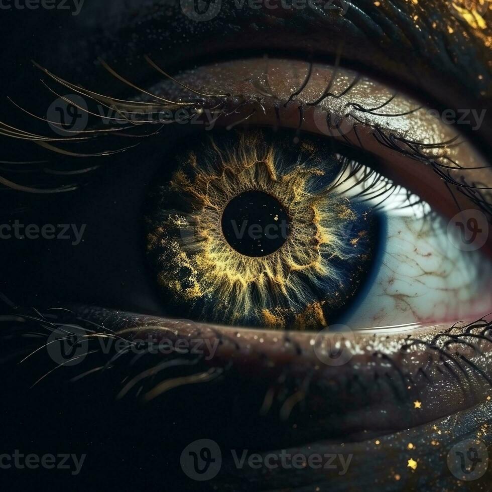 ai generado humano ojo con galaxia dentro de cerca, dorado iris en oscuro antecedentes. ai generado foto