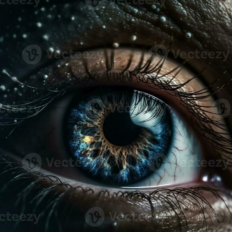 AI generated Realistic human eye with reflection of galaxy illustration. Ai generated photo