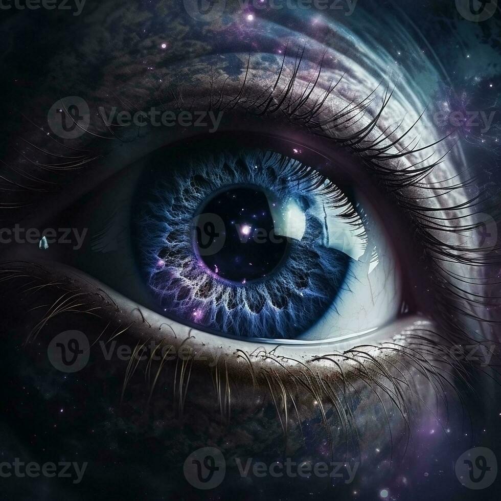AI generated Realistic human eye with reflection of galaxy illustration. Ai generated photo