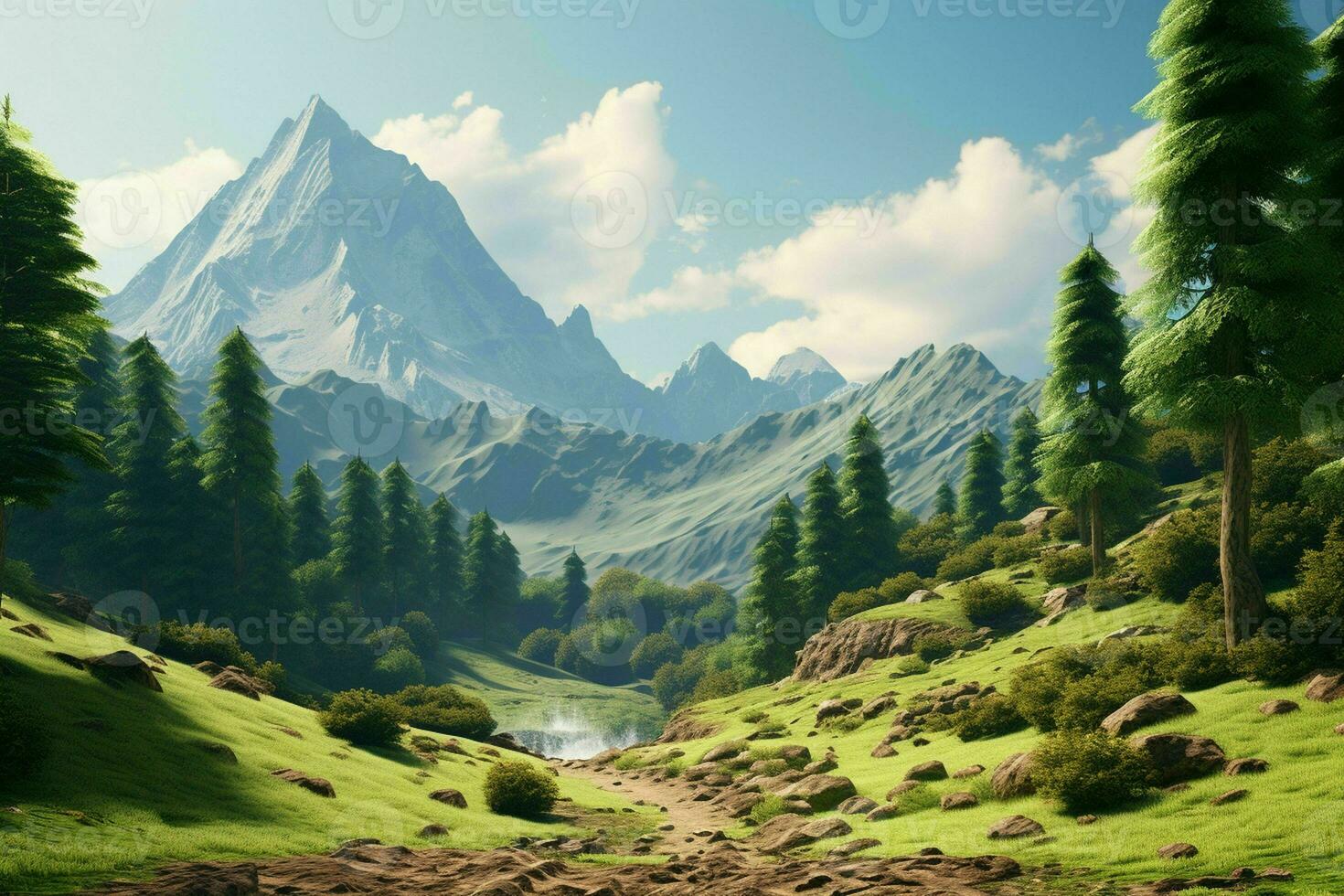 AI generated A mountainous landscape with a mix of deciduous photo