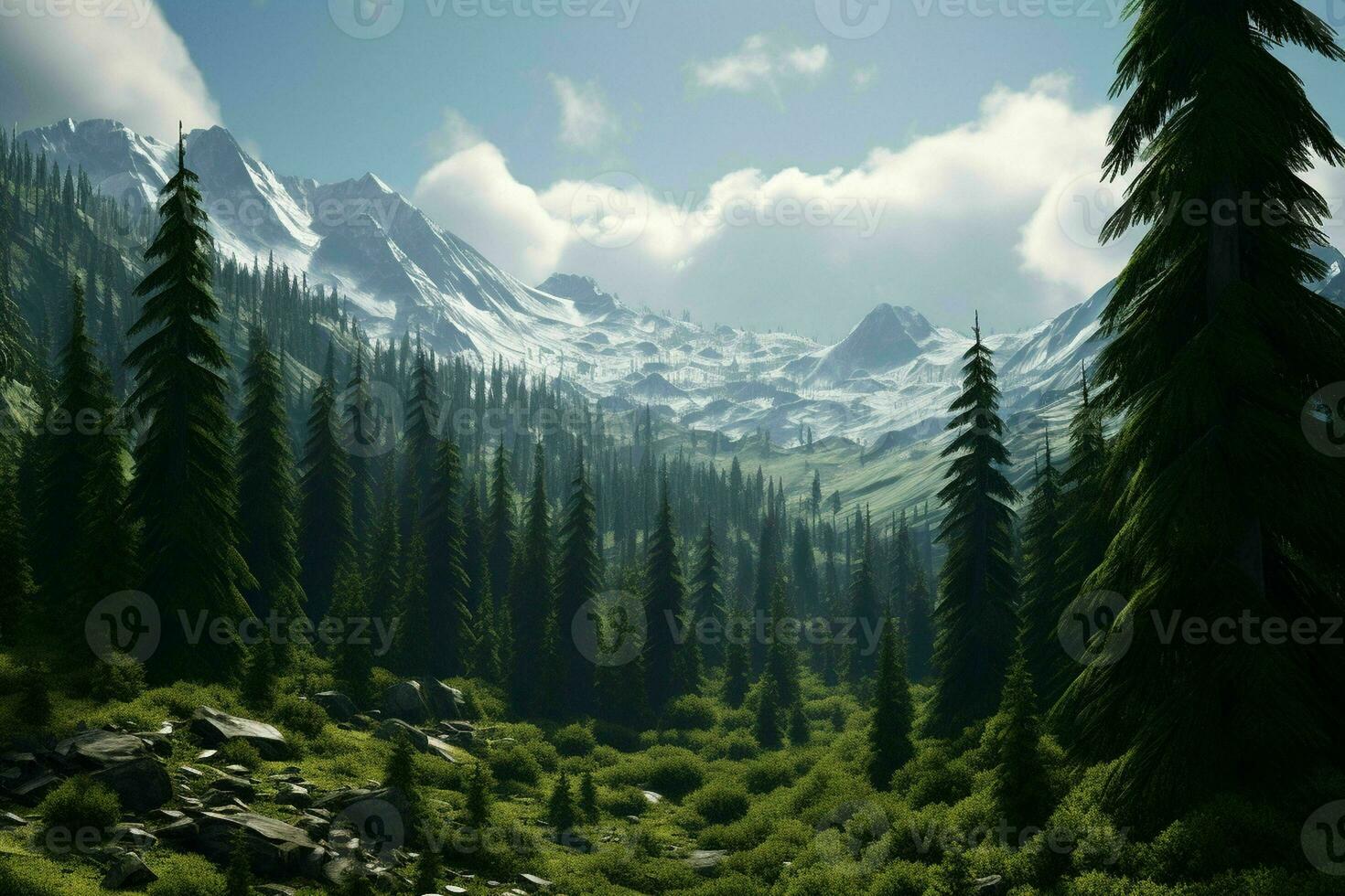 AI generated A mountainous landscape with coniferous trees photo