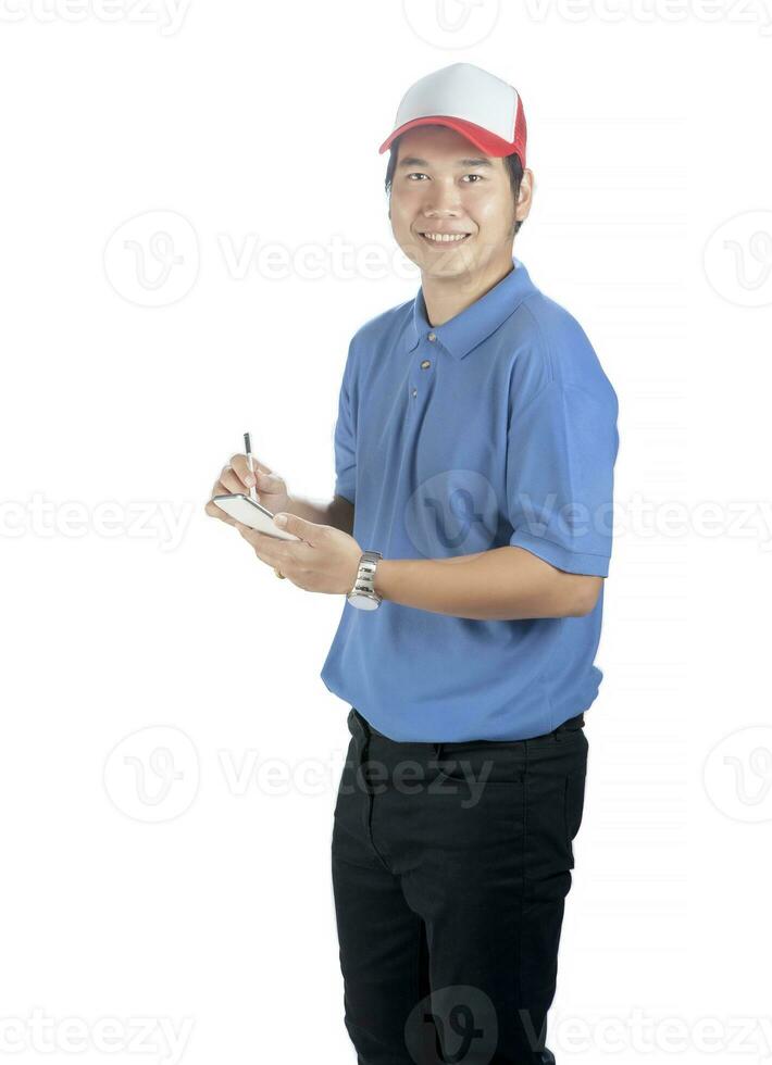 portrait of asian younger delivery man with smart phone in hand isolated white background photo