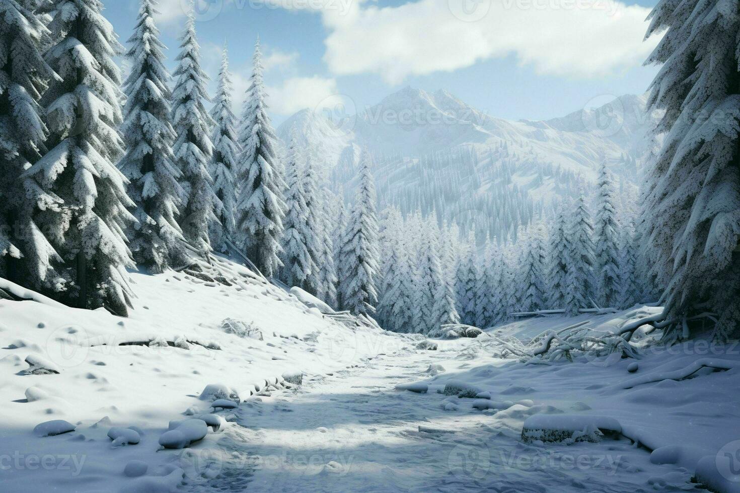 AI generated A snowy alpine forest with evergreen trees photo