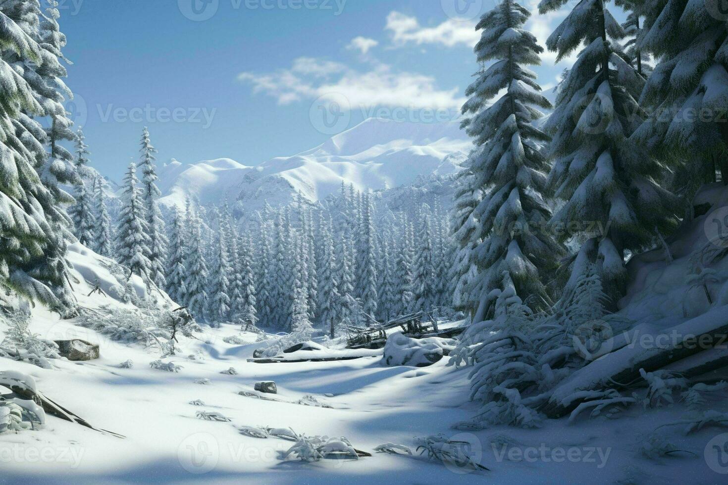AI generated A snowy alpine forest with evergreen trees photo