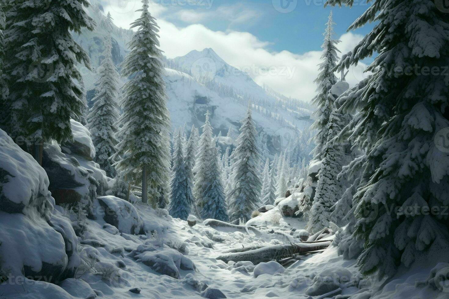 AI generated A snowy alpine forest with evergreen trees photo
