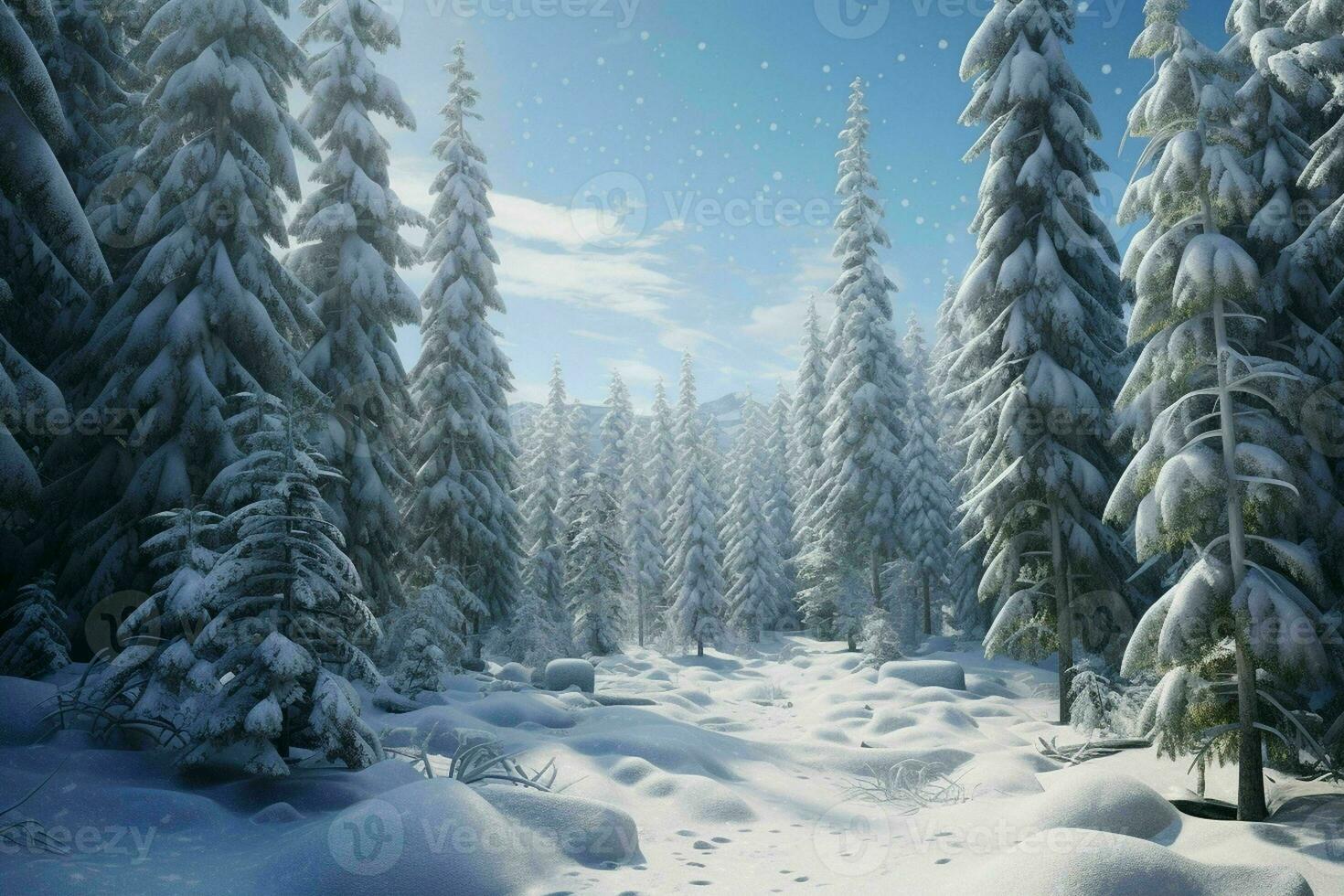 AI generated A snowy alpine forest with evergreen trees photo
