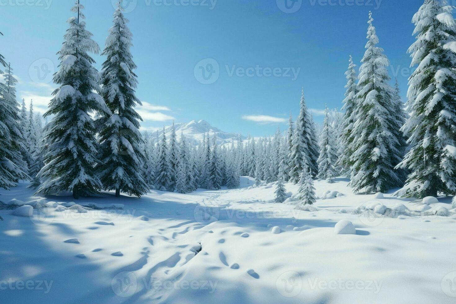 AI generated A snowy alpine forest with evergreen trees photo