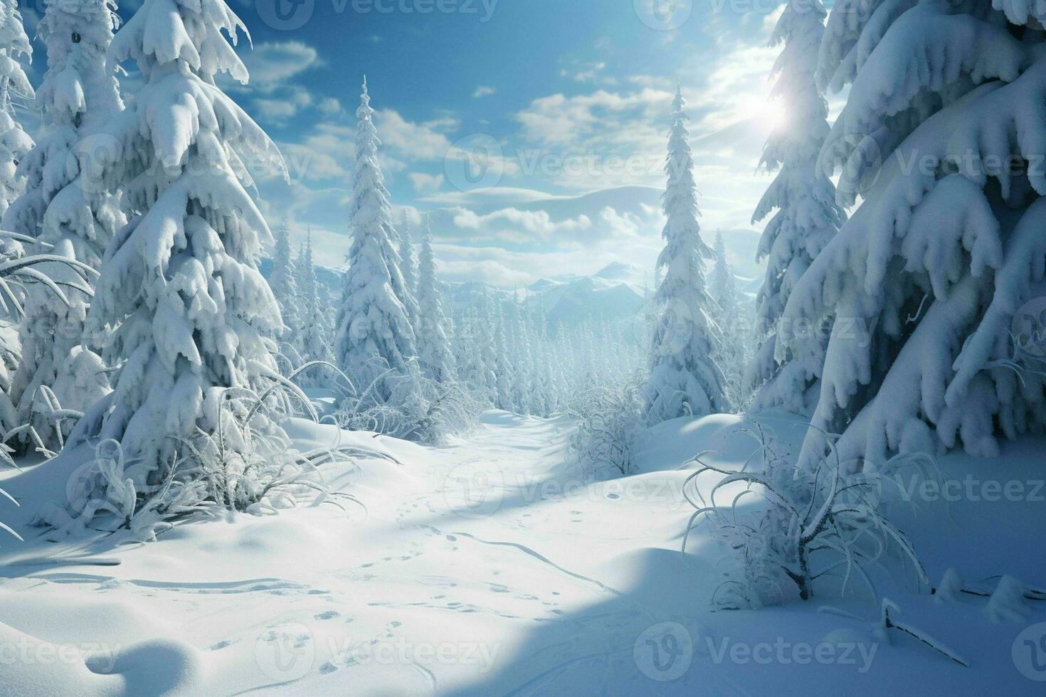 AI generated A snowy winter wonderland with pine trees photo