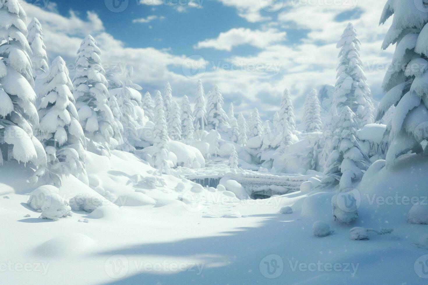 AI generated A snowy winter wonderland with pine trees photo