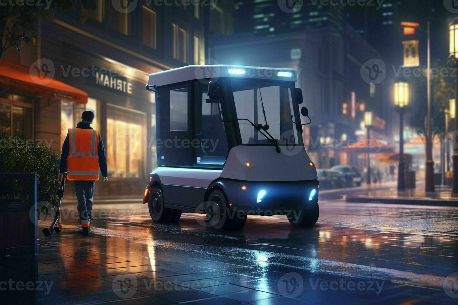 AI generated A solitary street sweeper diligently at work photo