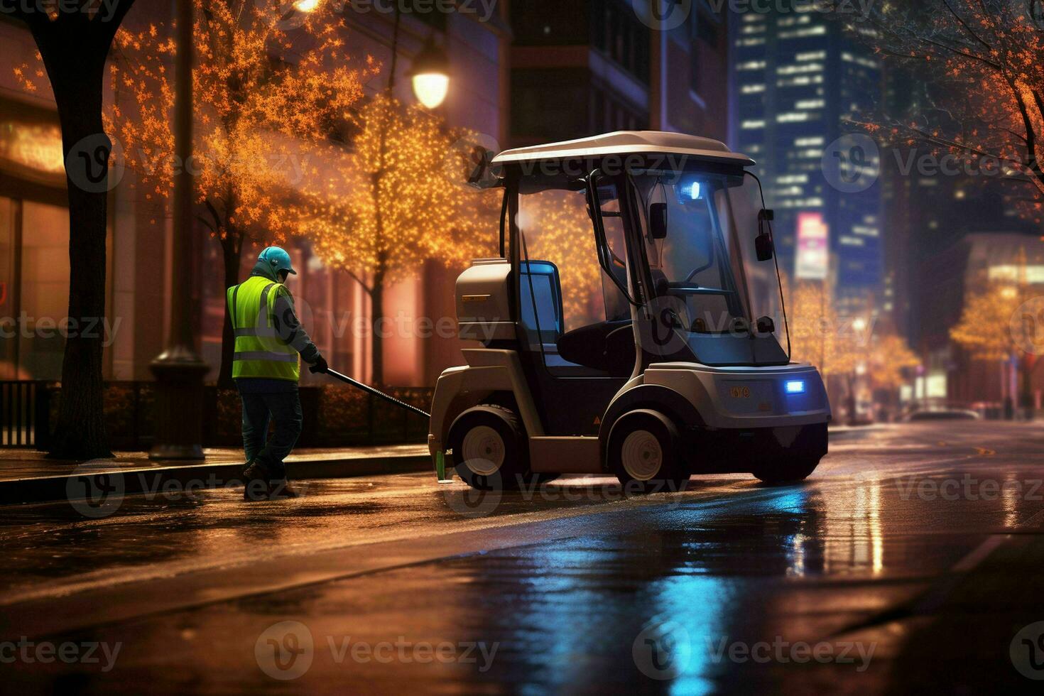 AI generated A solitary street sweeper diligently at work photo