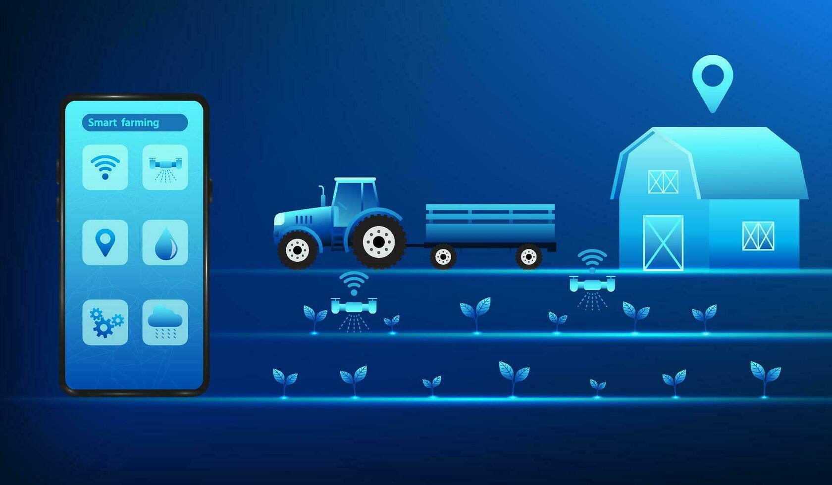Smart Farm, a mobile phone that controls the operation of agricultural farms Measure the growth of production, take care of crops, and temperature Bring technology in to help with farming. Vector