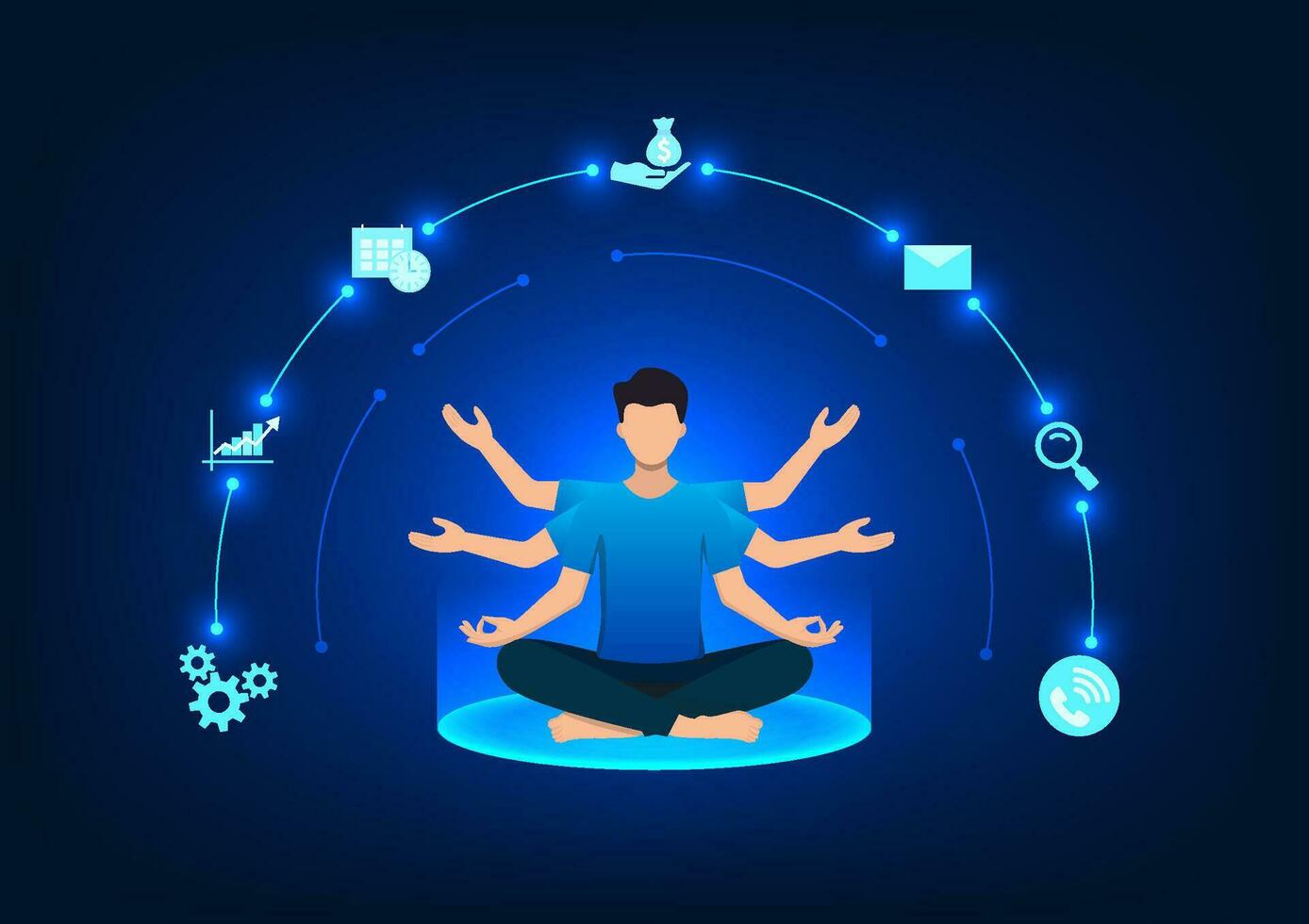 Business man meditating with multiple arms with icons representing multitasking. Work together efficiently. Vector illustration