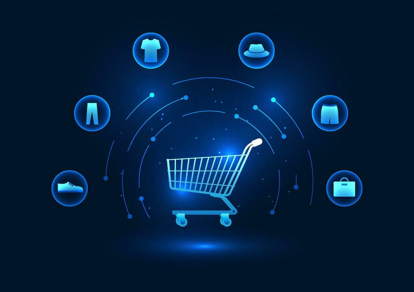 E-commerce industry Setting up an online store via the Internet or an application does not require a storefront. Shopping cart and clothes shoes, icons, Vector illustration