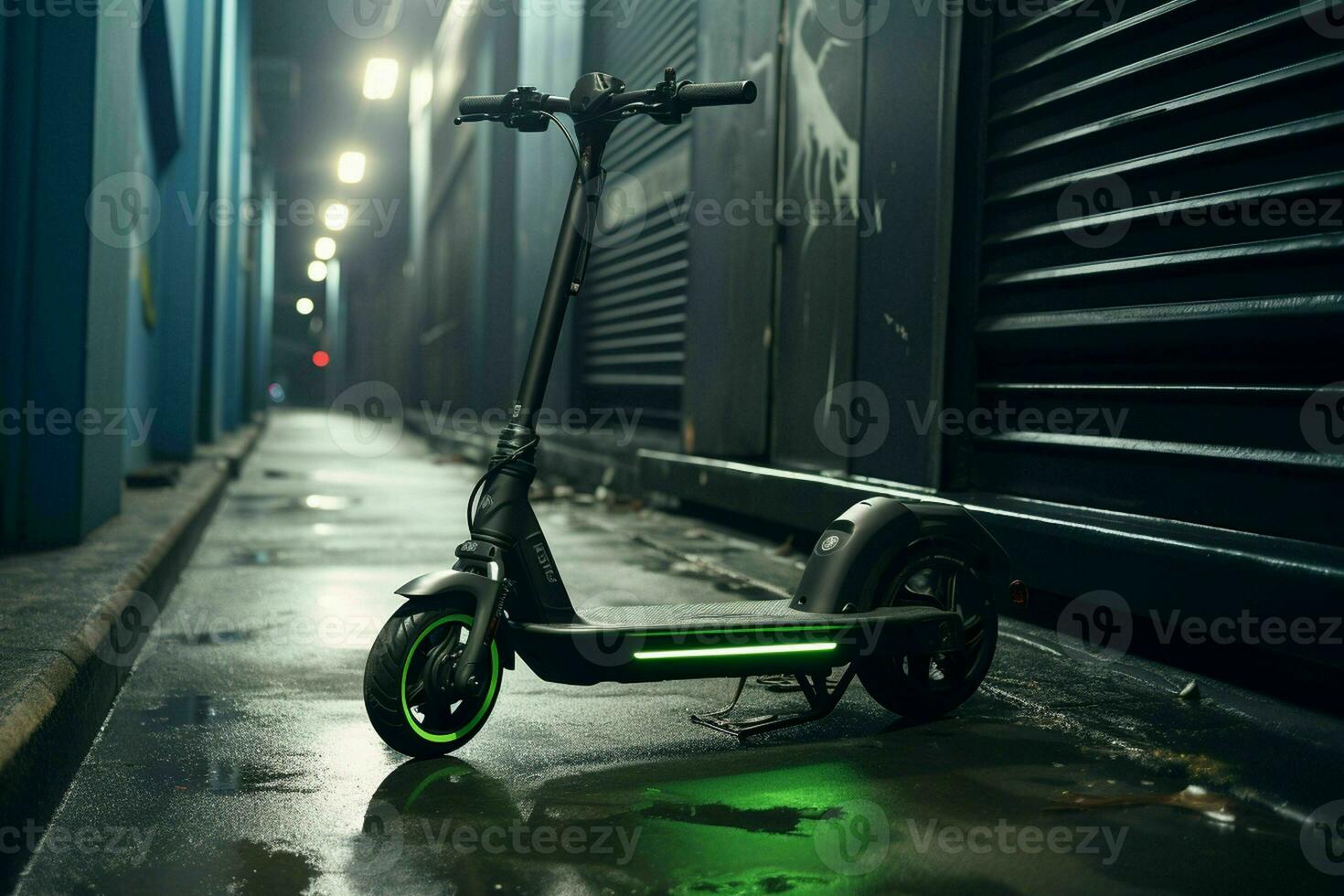 ai generado un moderno eléctrico scooter estacionado en un urbano foto