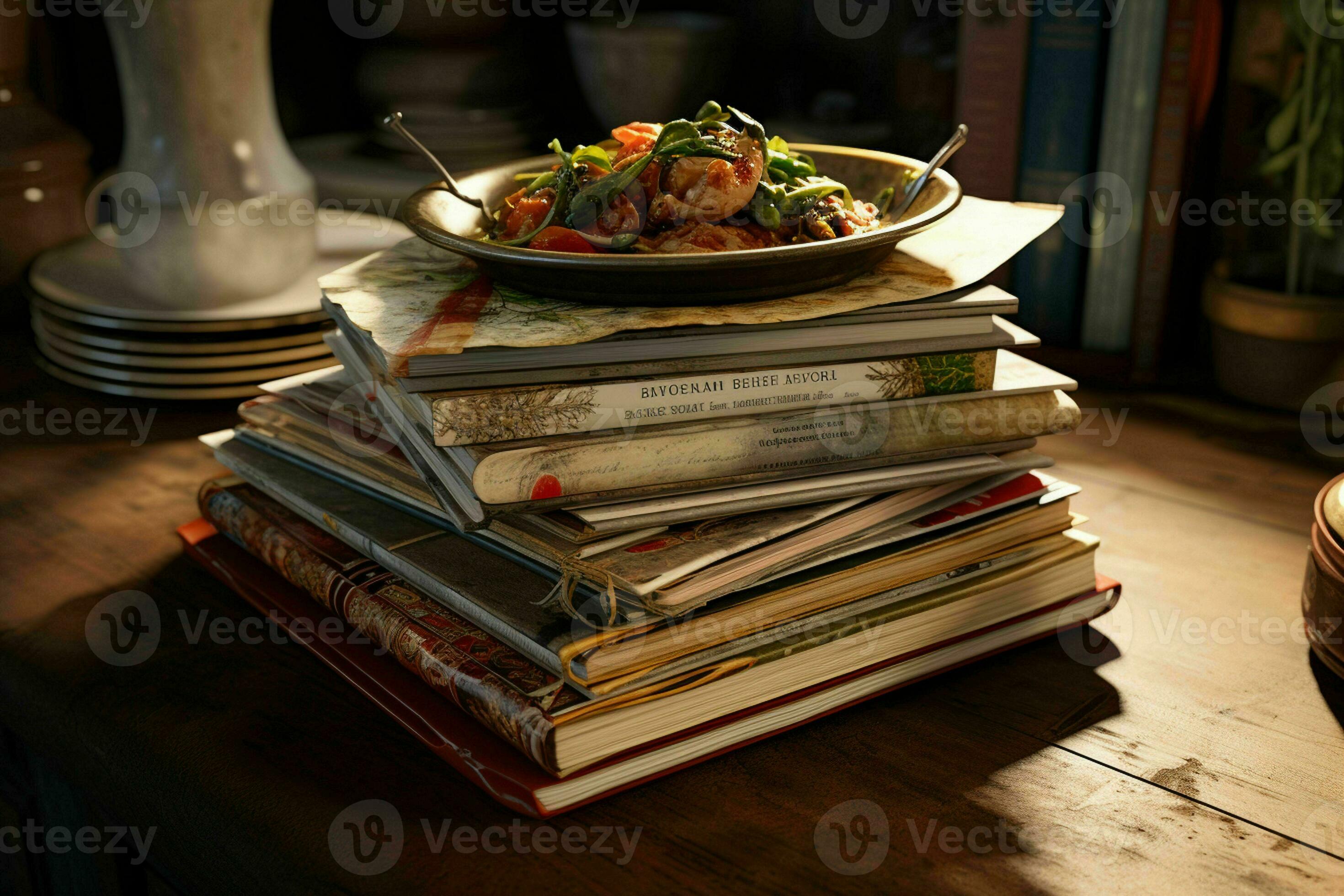 AI generated A stack of vintage cookbooks open to wellworn 35358026