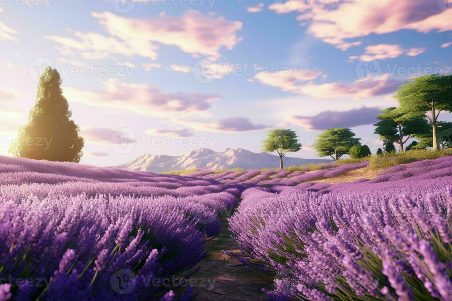 AI generated A summer day in a lavender field with trees photo