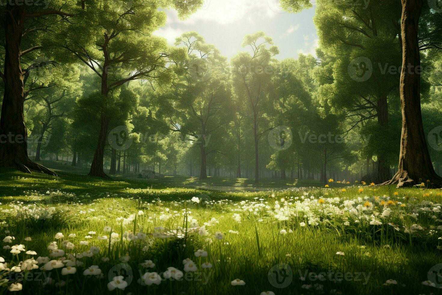 AI generated A sunlit meadow surrounded by diverse trees photo