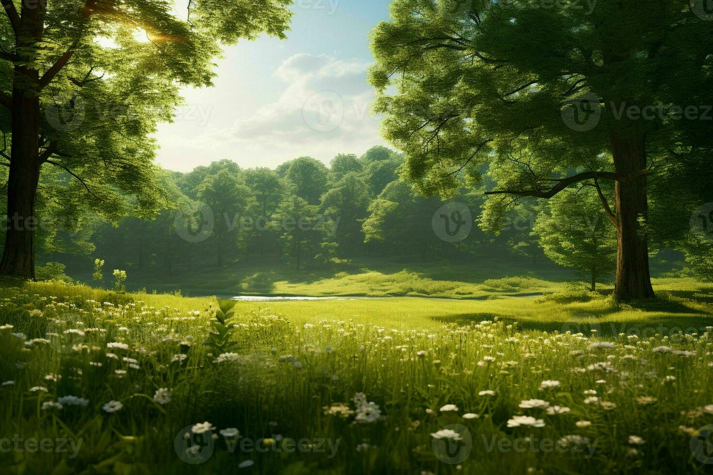AI generated A sunlit meadow surrounded by diverse trees photo
