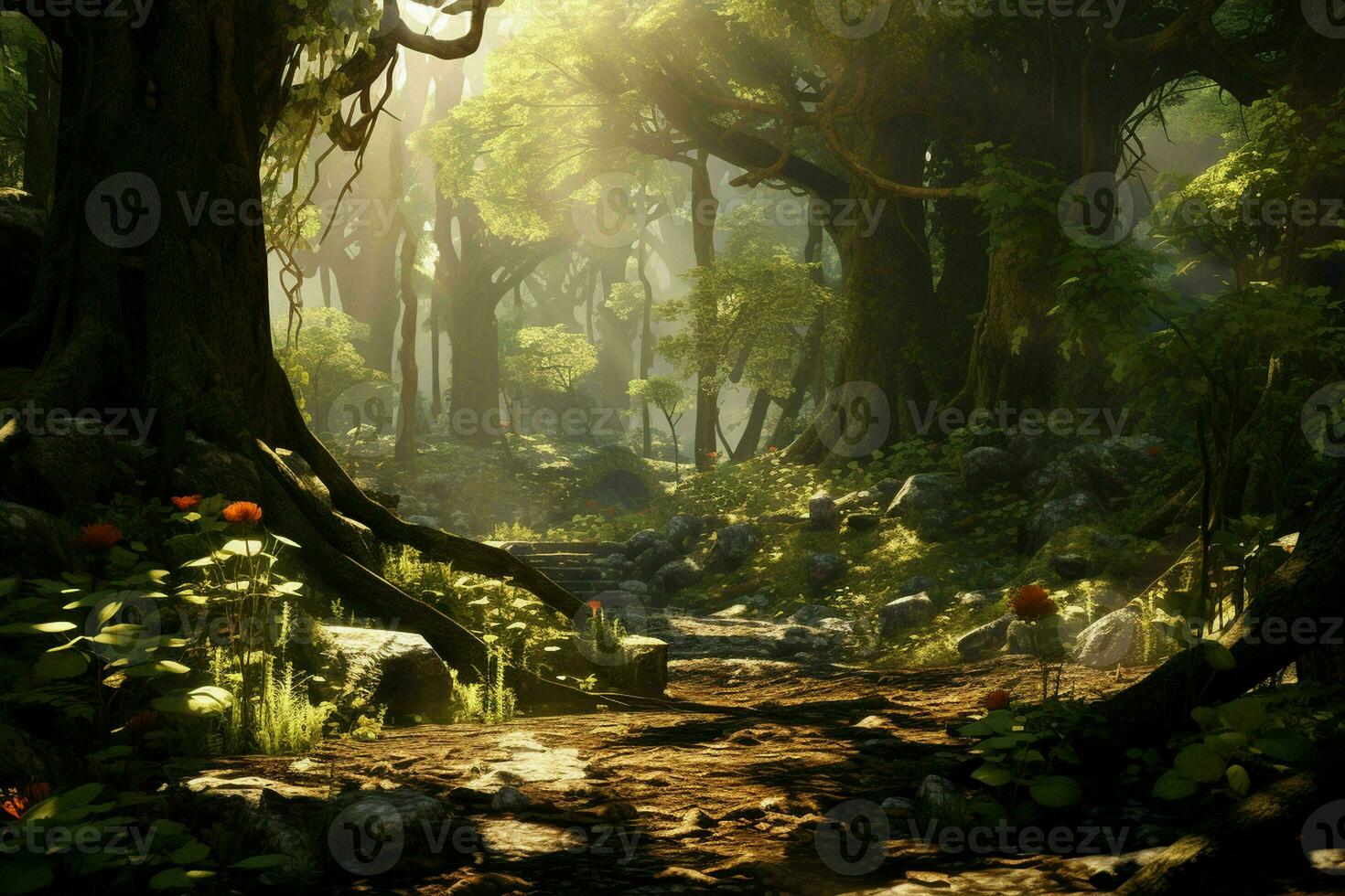 AI generated A sundappled forest scene with a variety of tree photo