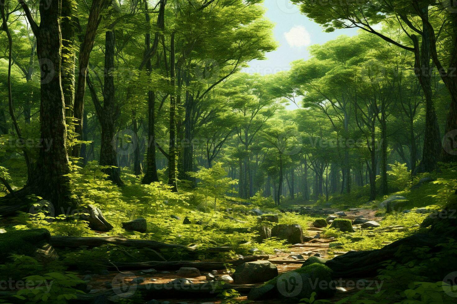 AI generated A sundappled forest scene with a variety of tree photo