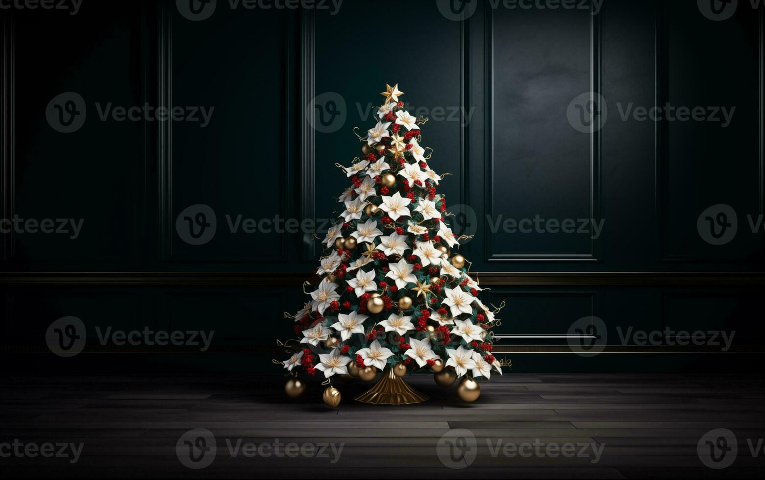 AI generated Christmas tree with gold decorations in the style of dark green photo