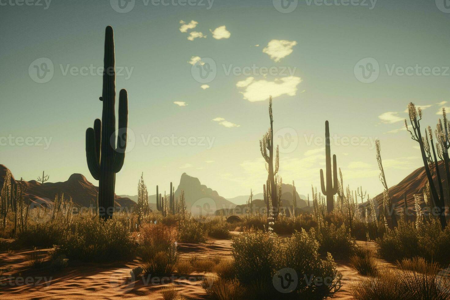 AI generated A surreal desert landscape with saguaro cacti photo