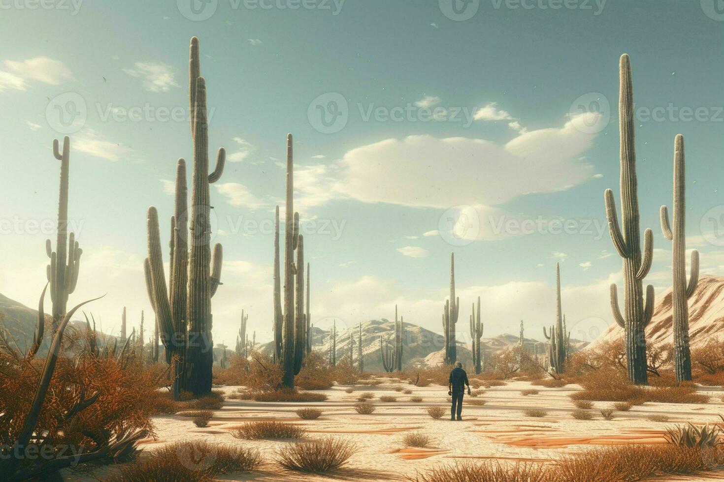 AI generated A surreal desert landscape with saguaro cacti photo