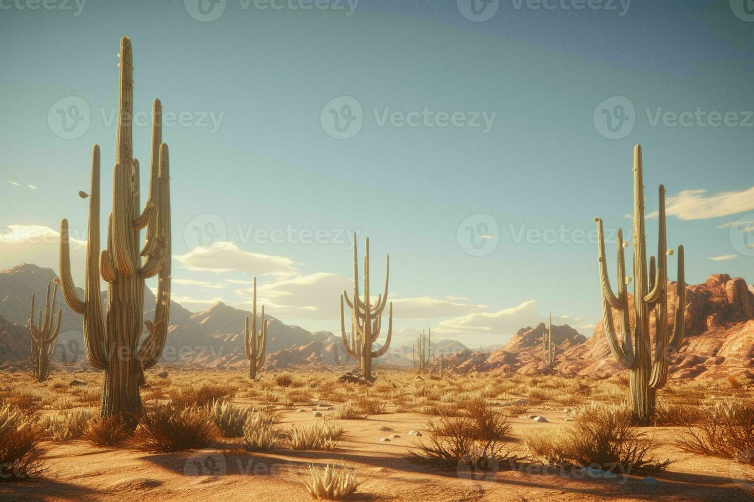 AI generated A surreal desert landscape with saguaro cacti photo