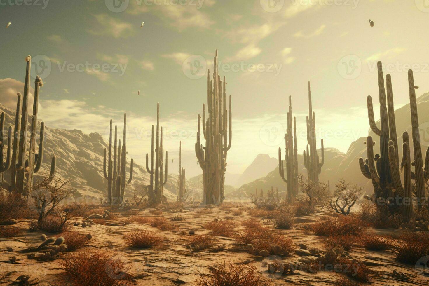 AI generated A surreal desert landscape with saguaro cacti photo