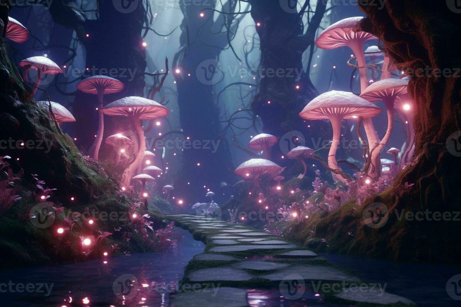 AI generated A surreal fantasy forest with whimsical glowing photo
