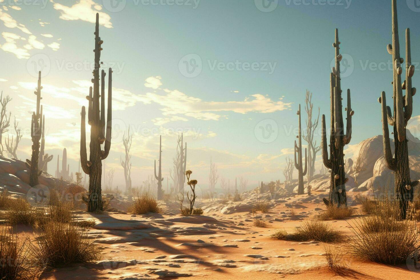 AI generated A surreal desert landscape with saguaro cacti photo