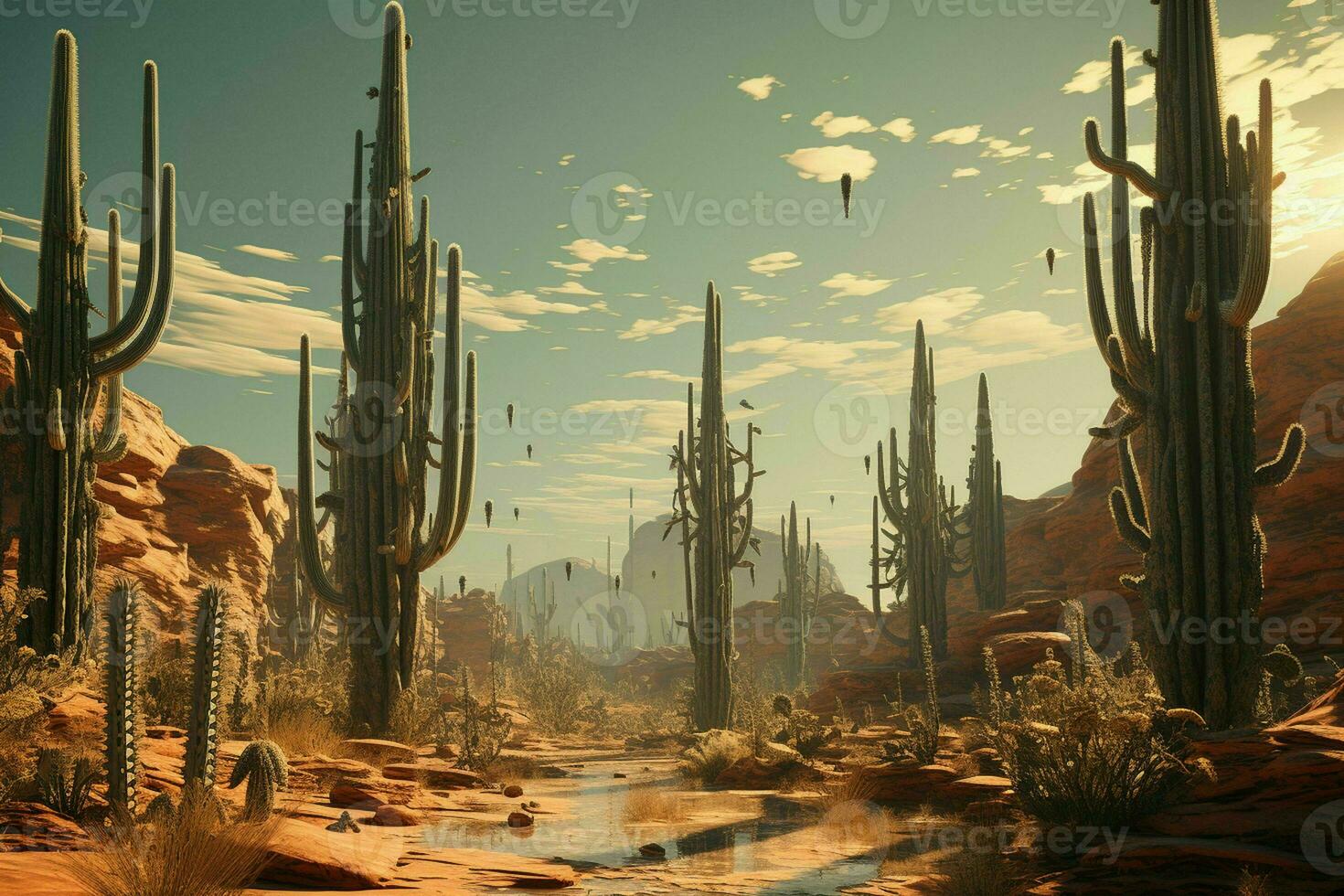 AI generated A surreal desert landscape with saguaro cacti photo