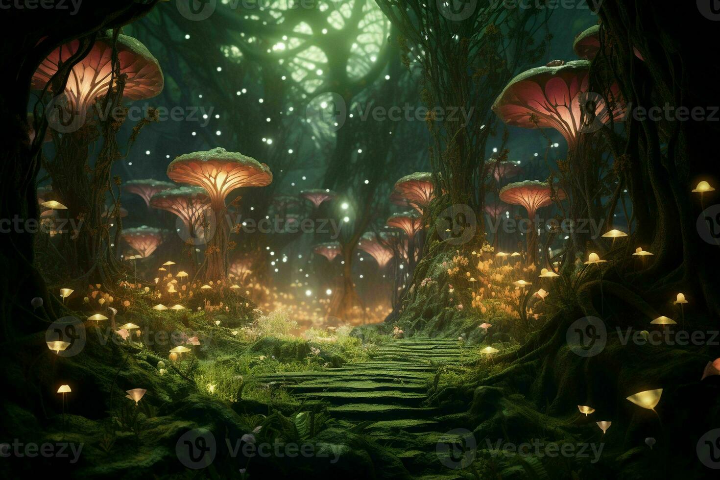 AI generated A surreal fantasy forest with whimsical glowing photo