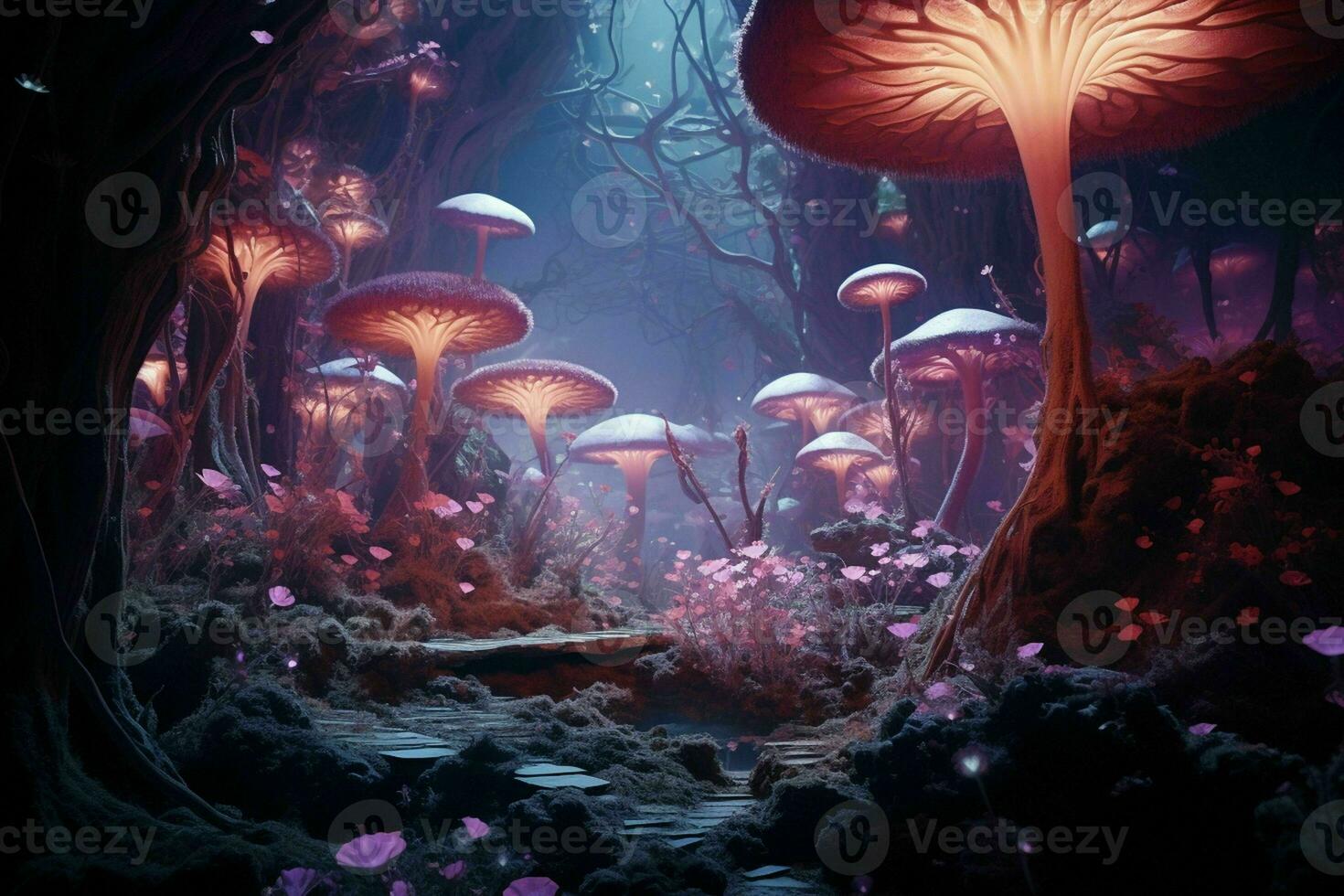 AI generated A surreal fantasy forest with whimsical glowing photo