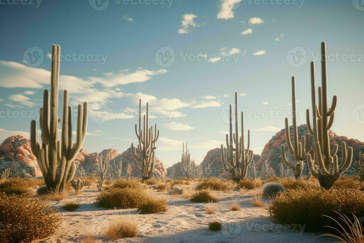 AI generated A surreal desert landscape with saguaro cacti photo
