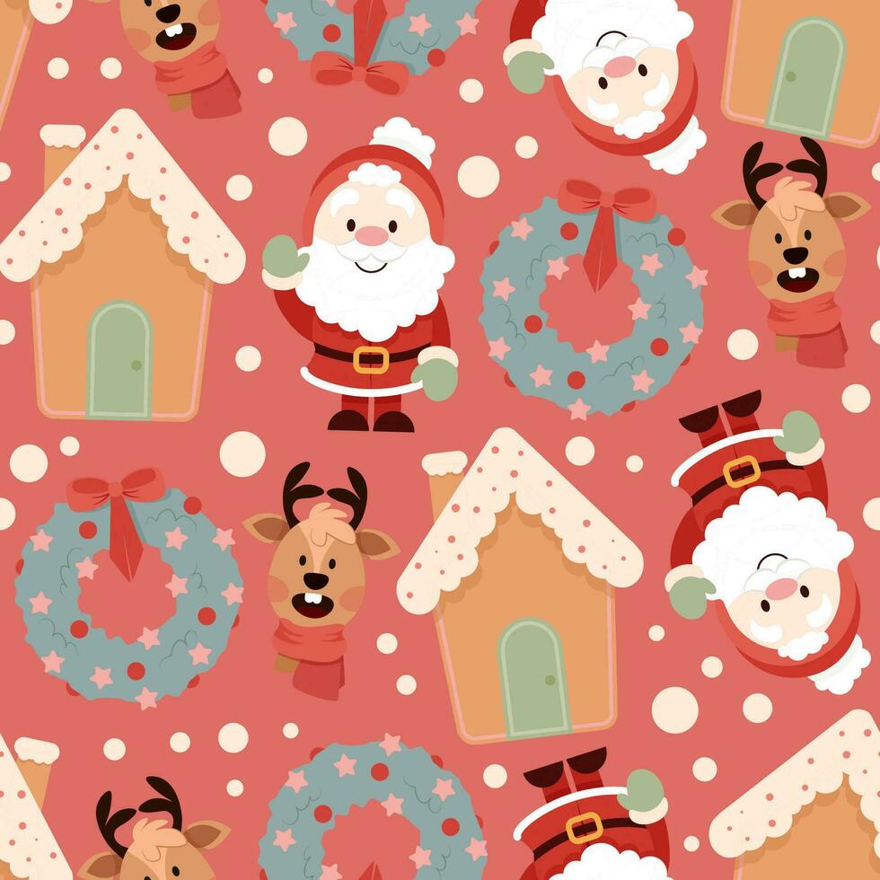 Christmas seamless pattern with Santa Claus, wreaths and reindeer vector
