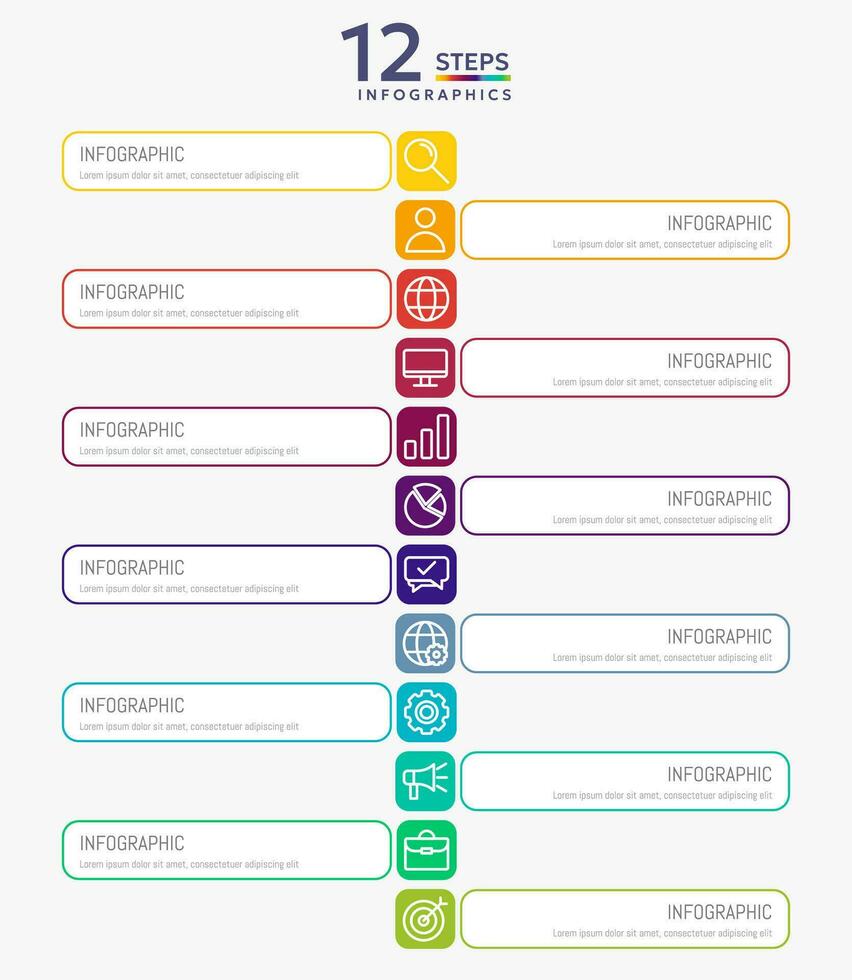 infografía modelo con 12 cuadrado opciones para presentación y datos visualización. negocio proceso cuadro. diagrama con doce pasos a éxito vector