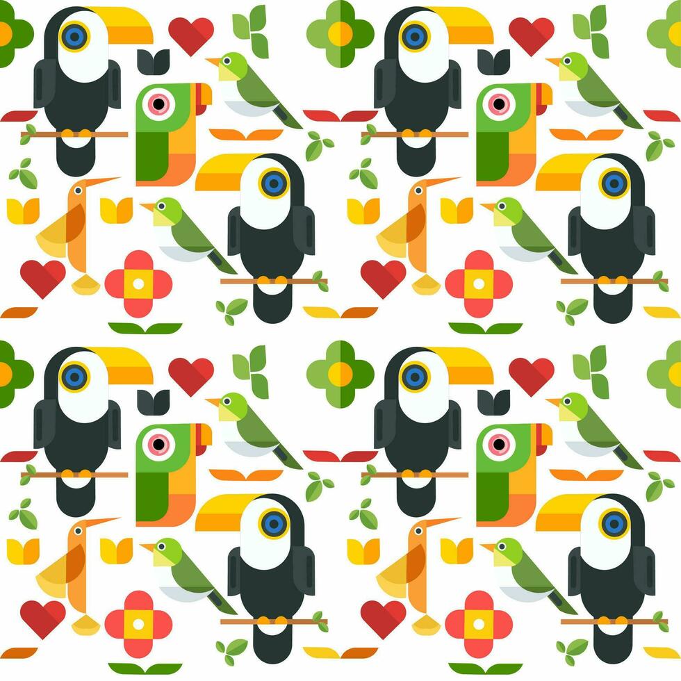 Seamless pattern with jungle birds such as hummingbirds, parrots, toucans and other small birds, with leaf and flower ornaments. Vector illustration, very suitable for backdrops, wrapping paper,