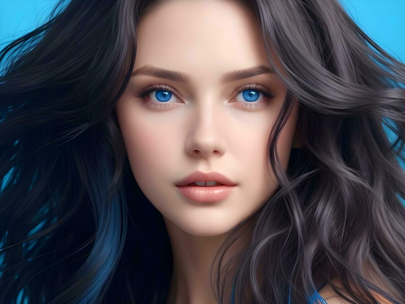 AI generated A woman with wavy glossy hair and stunning blue eyes ai generate photo