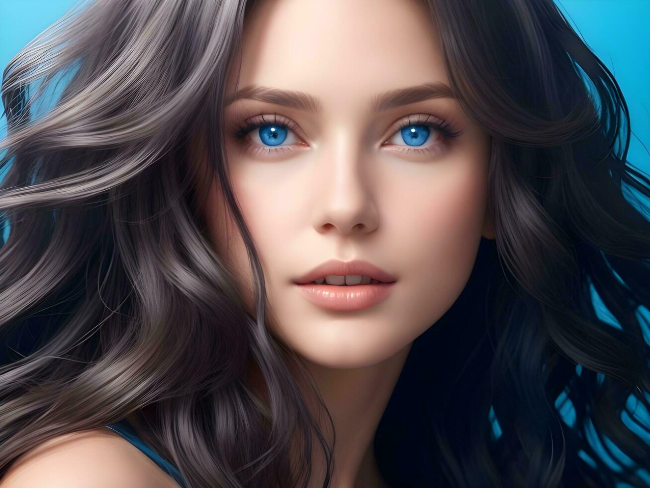 AI generated A woman with wavy glossy hair and stunning blue eyes ai generate photo