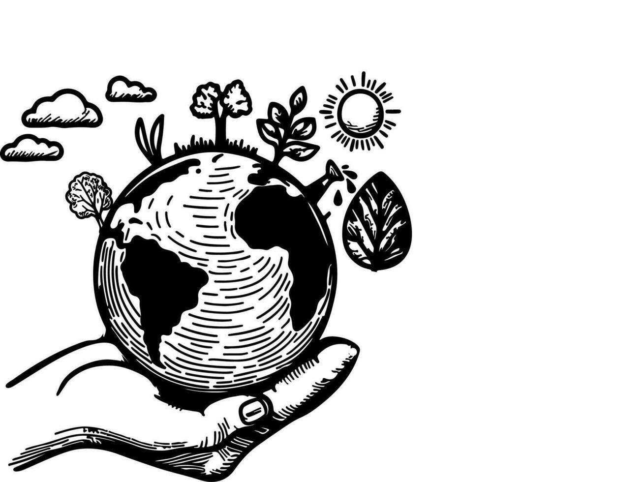hand holding earth planet with tree, sun, rain, clouds, black line art, doodle globe. environment save world environment day vector
