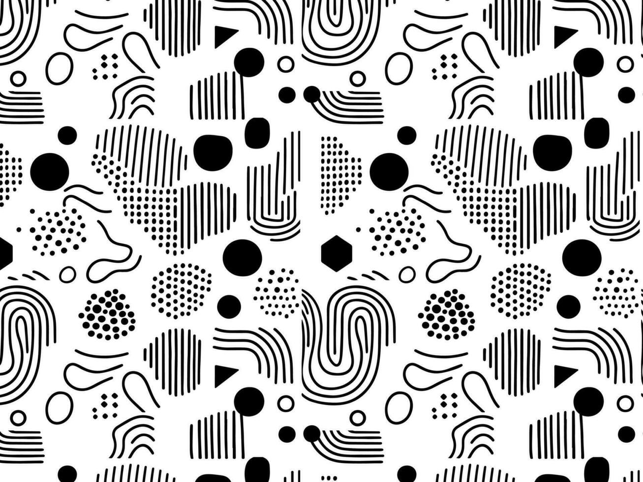 Seamless pattern with abstract shapes. Black and white  background, curved lines hand drawn design minimal template Vector illustration
