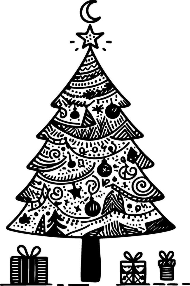 doodle line tiny christmas tree Vector illustration of hand drawn outlines silhouettes design on white background