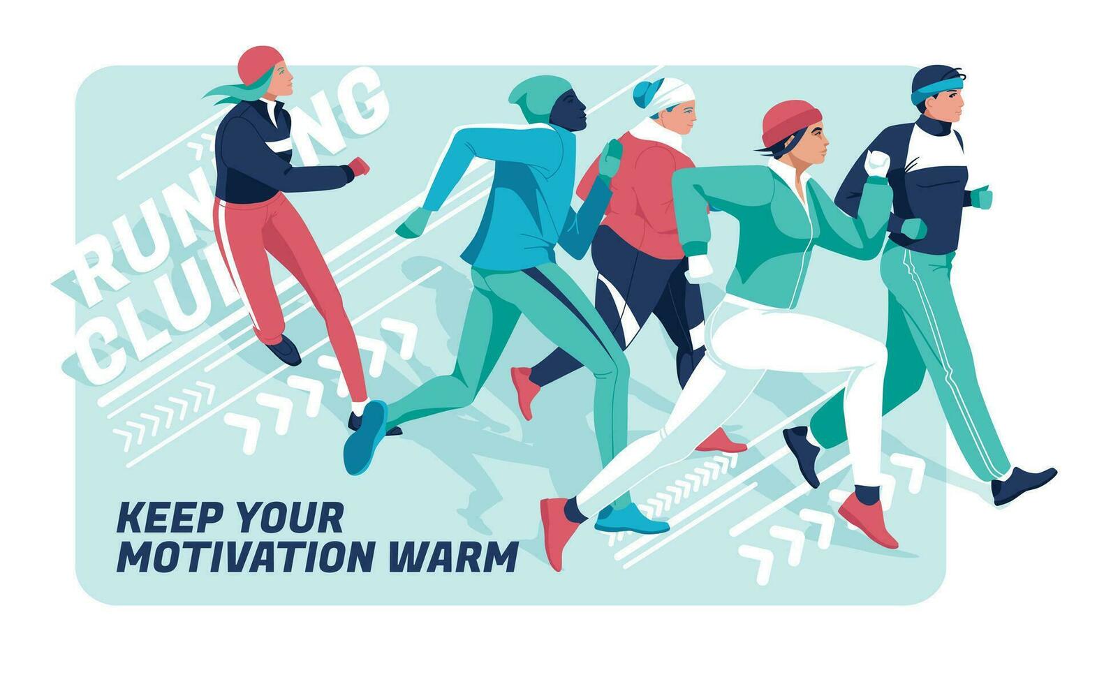 A group of people of different ages, races and weights, dressed in warm sports clothes, are running on an abstract background. Winter marathon, sports competitions, hobbies. Vector flat illustration