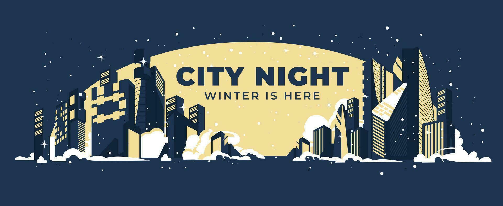 winter city night under snowfall. Skyscrapers and the moon. Season greeting cards, banner, background. Vector flat illustration