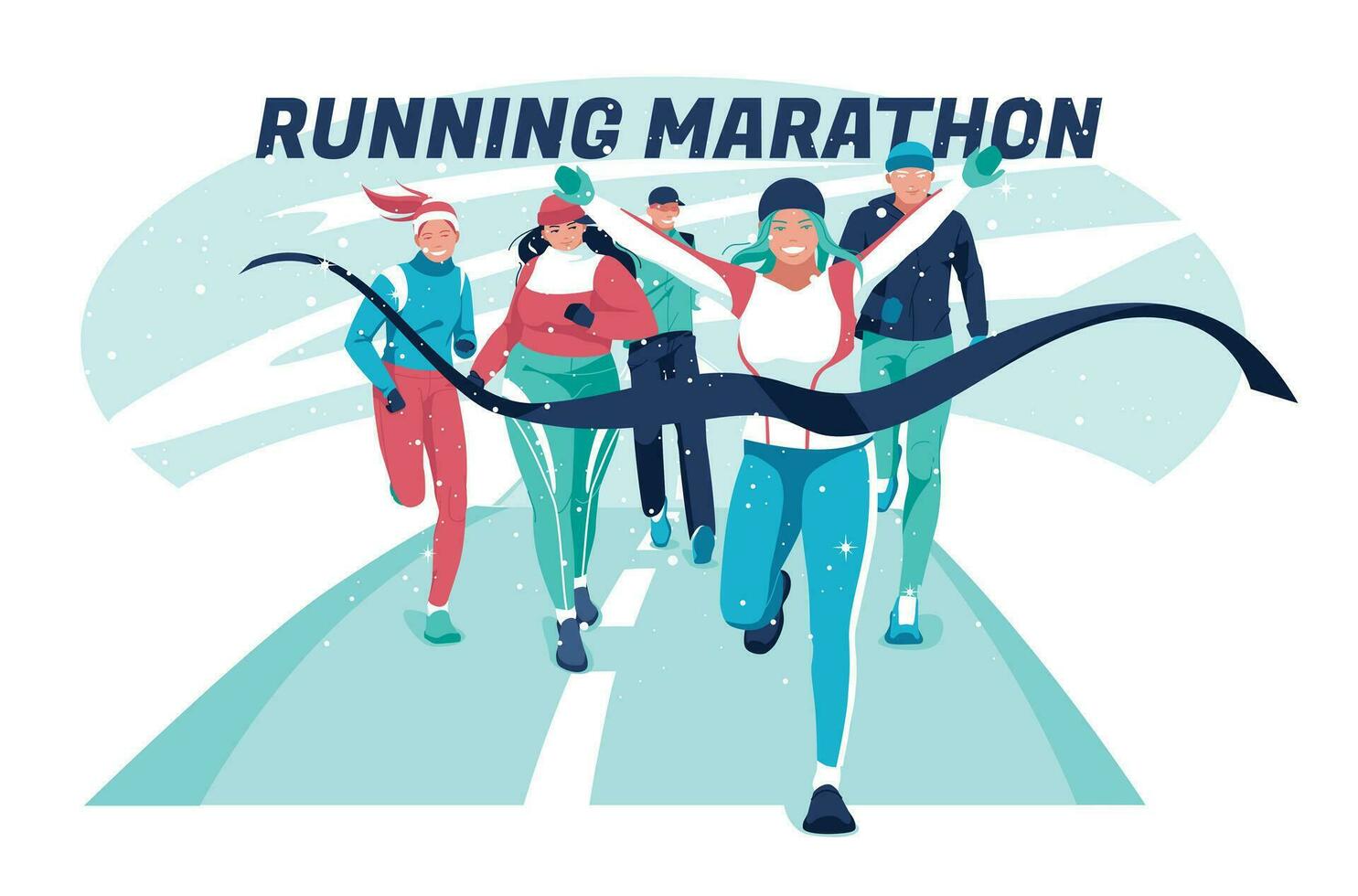 A group of people of different ages, races, and weights are running along an empty highway in winter. Marathon, sports competitions, hobbies. Vector flat illustration