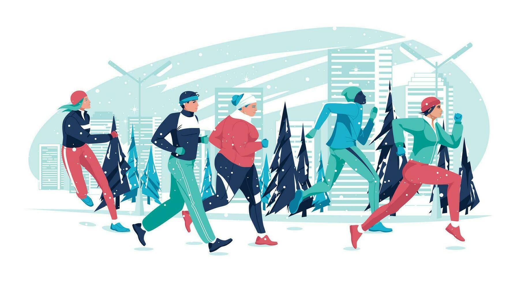 un grupo de personas de diferente siglos, Razas, pesos corriendo en un ciudad calle en invierno. maratón, Deportes competiciones, aficiones. vector plano ilustración